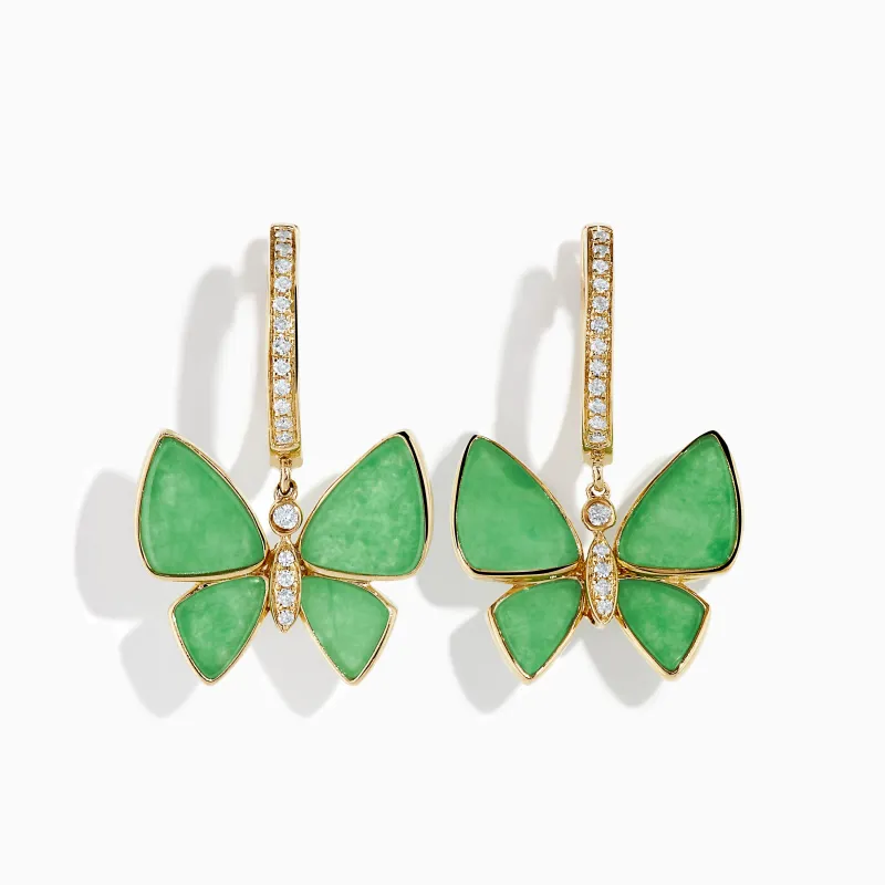 14K Yellow Gold Jade and Diamond Butterfly Earrings made by Effy
