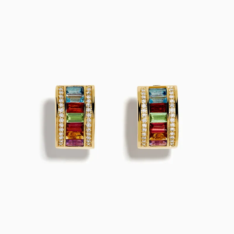 14K Yellow Gold Multi Gemstone and Diamond Huggie Earrings made by Effy