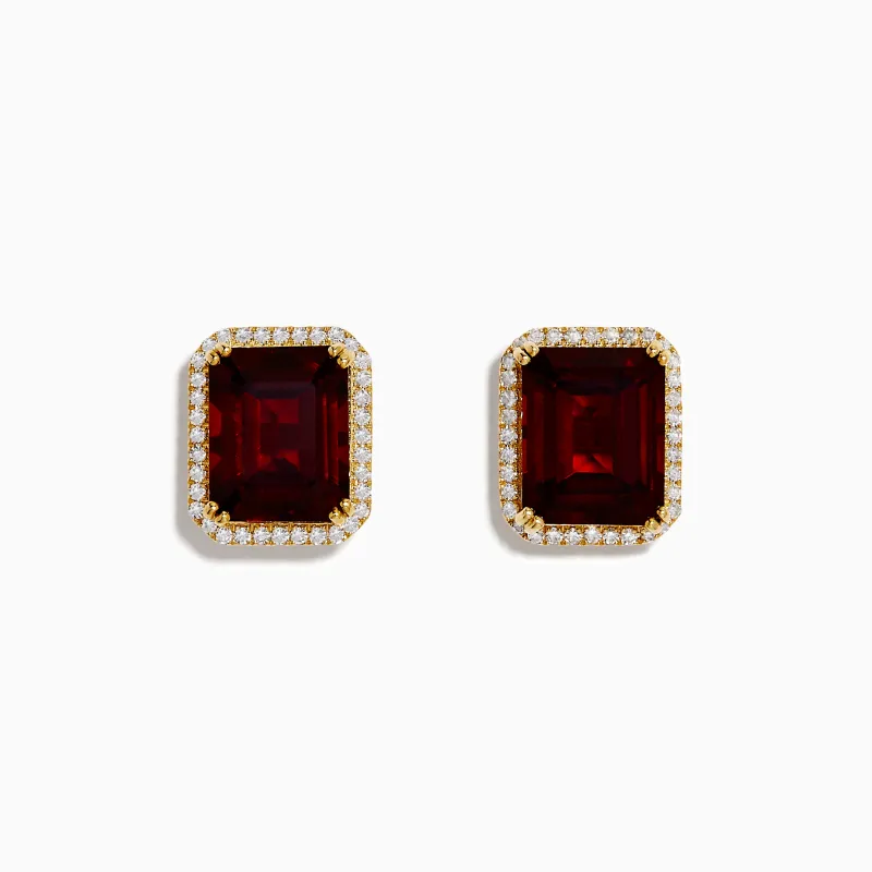 14K Yellow Gold Garnet and Diamond Emerald-Cut Halo Stud Earrings made by Effy