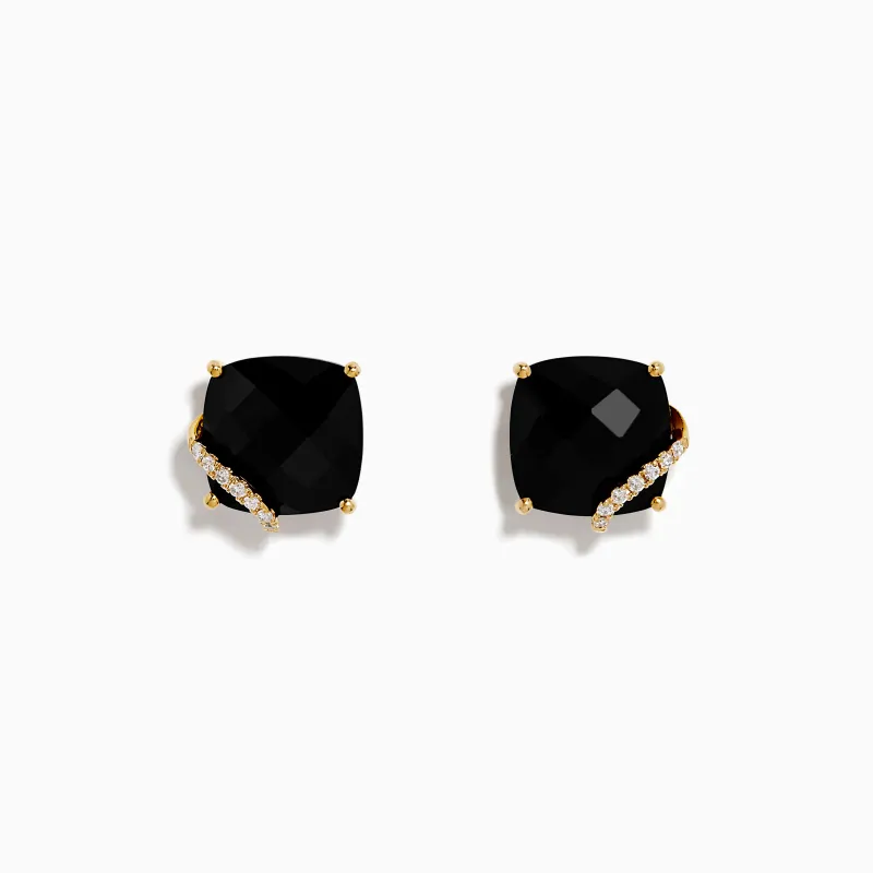 14K Yellow Gold Onyx and Diamond Cushion-Cut Stud Earrings made by Effy