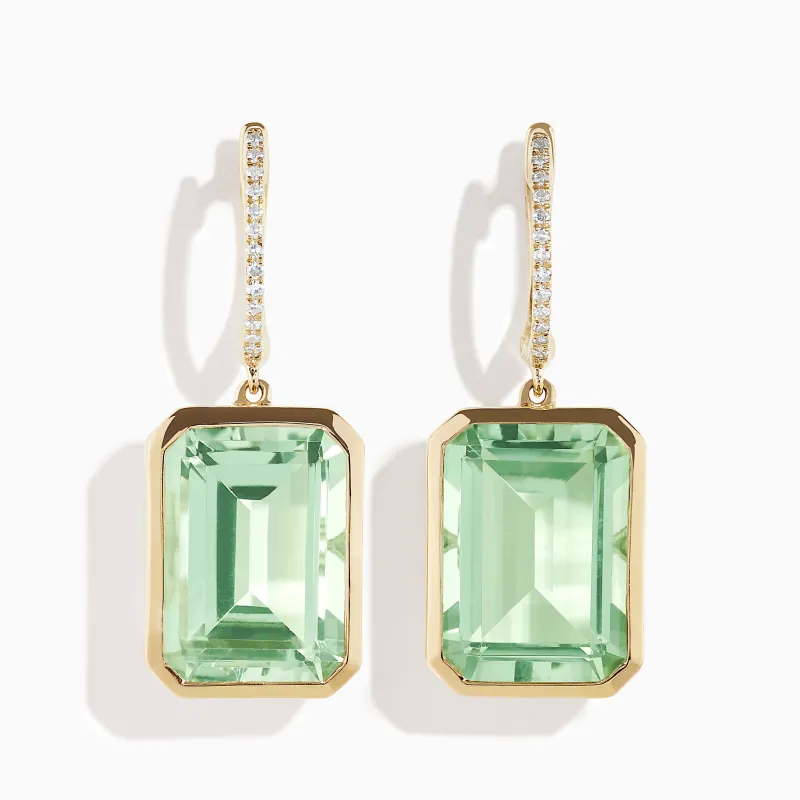 14K Yellow Gold Green Amethyst and Diamond Emerald-Cut Drop Earrings made by Effy
