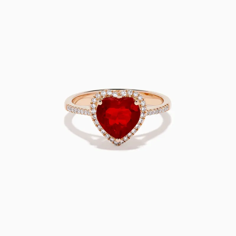 14K Rose Gold Fire Opal and Diamond Heart Halo Ring made by Effy