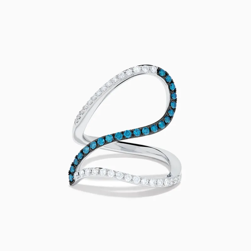 14K White Gold Blue and White Diamond Pave Wave Ring made by Effy