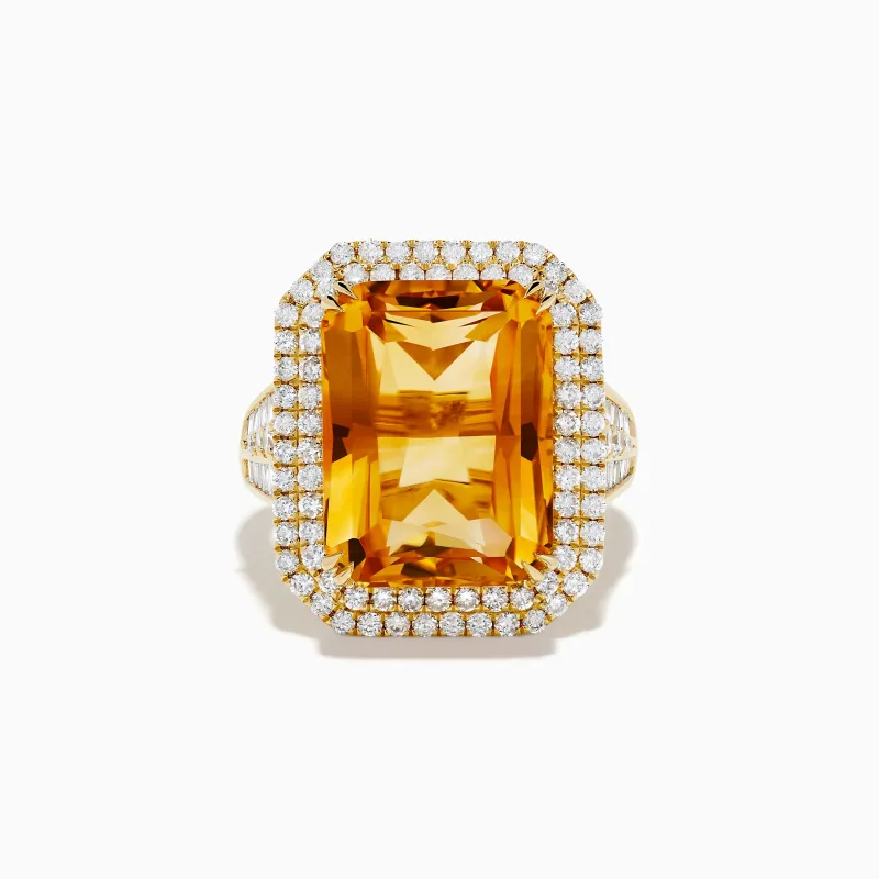 14K Yellow Gold Citrine and Diamond Radiant Double Halo Ring made by Effy