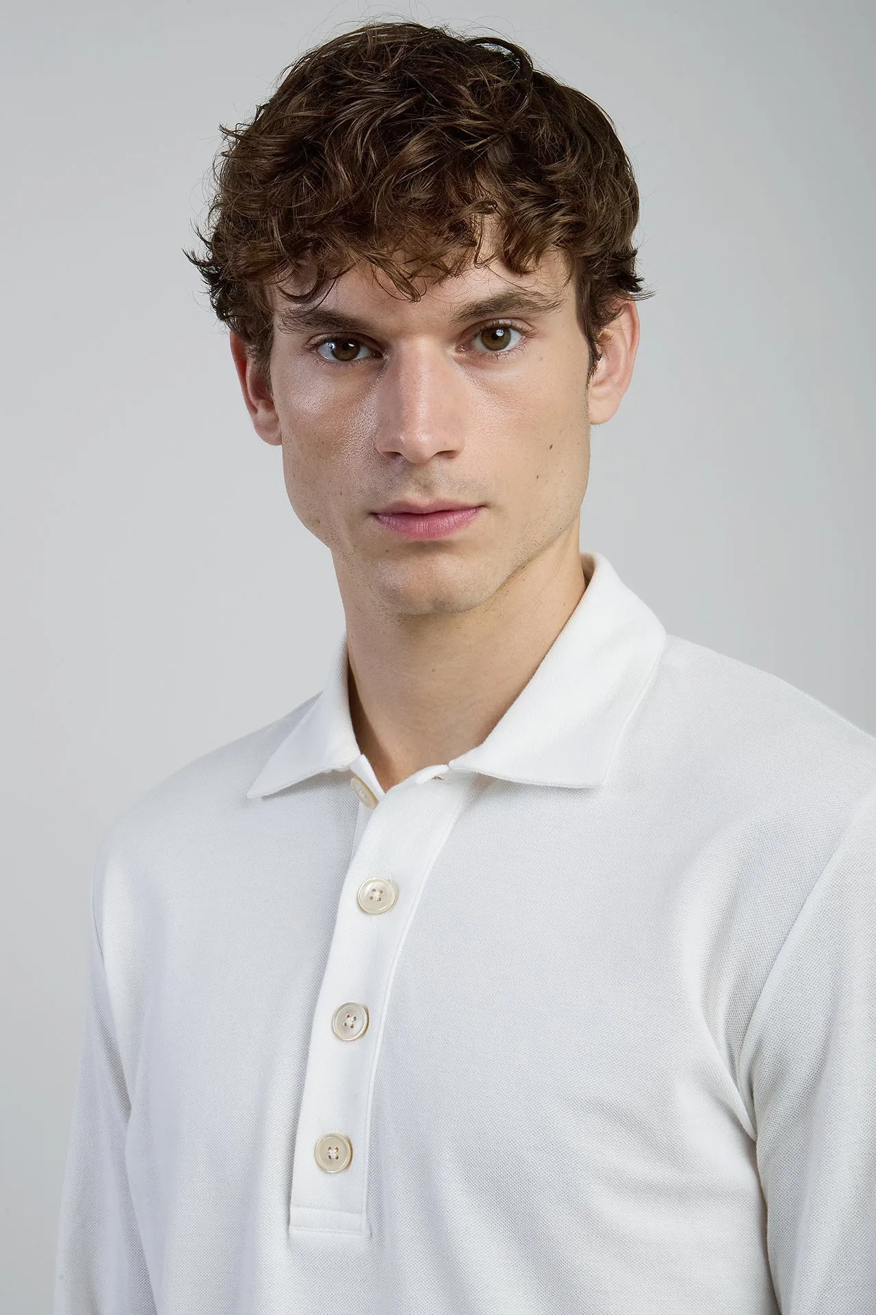 Men's Long Sleeve Cotton Pique Polo with Pearl Buttons | Eleventy sold by Eleventy product image thumbnail 4