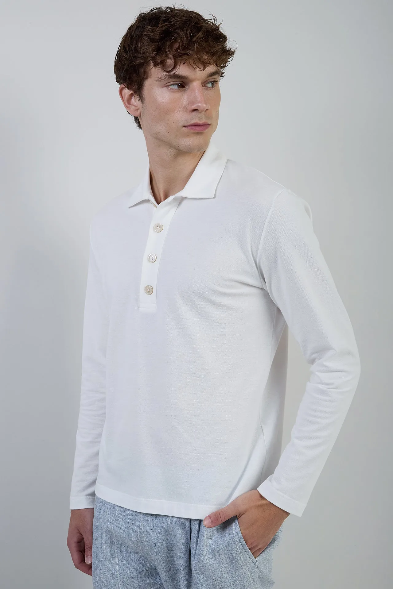 Men's Long Sleeve Cotton Pique Polo with Pearl Buttons | Eleventy sold by Eleventy product image thumbnail 2