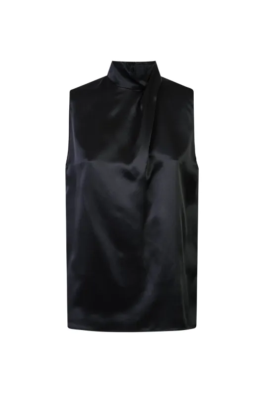 Women's Sleeveless Double Silk Satin Crossover Neck Top | Eleventy made by Eleventy