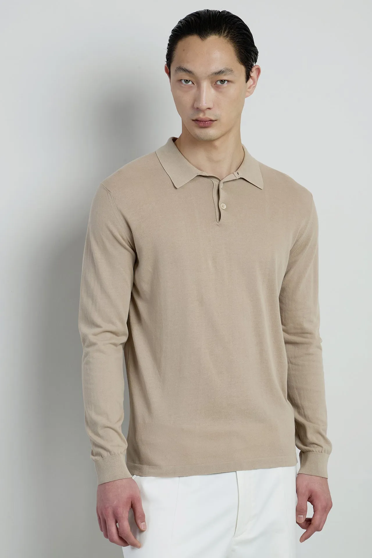 Long-Sleeved Knitted Polo Shirt in Crepe Cotton | Eleventy sold by Eleventy product image thumbnail 2