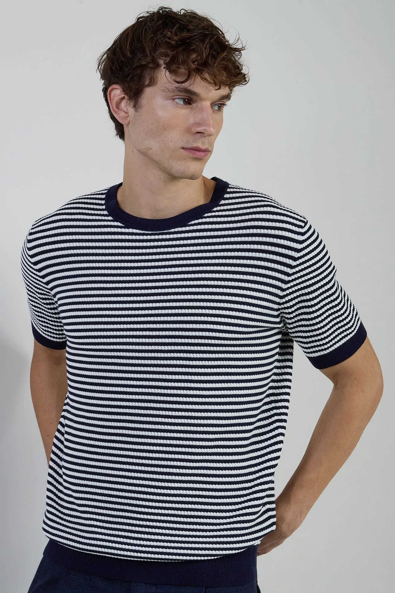Men's Striped Crew Neck Sweater in Cool Cotton | Eleventy sold by Eleventy product image thumbnail 2