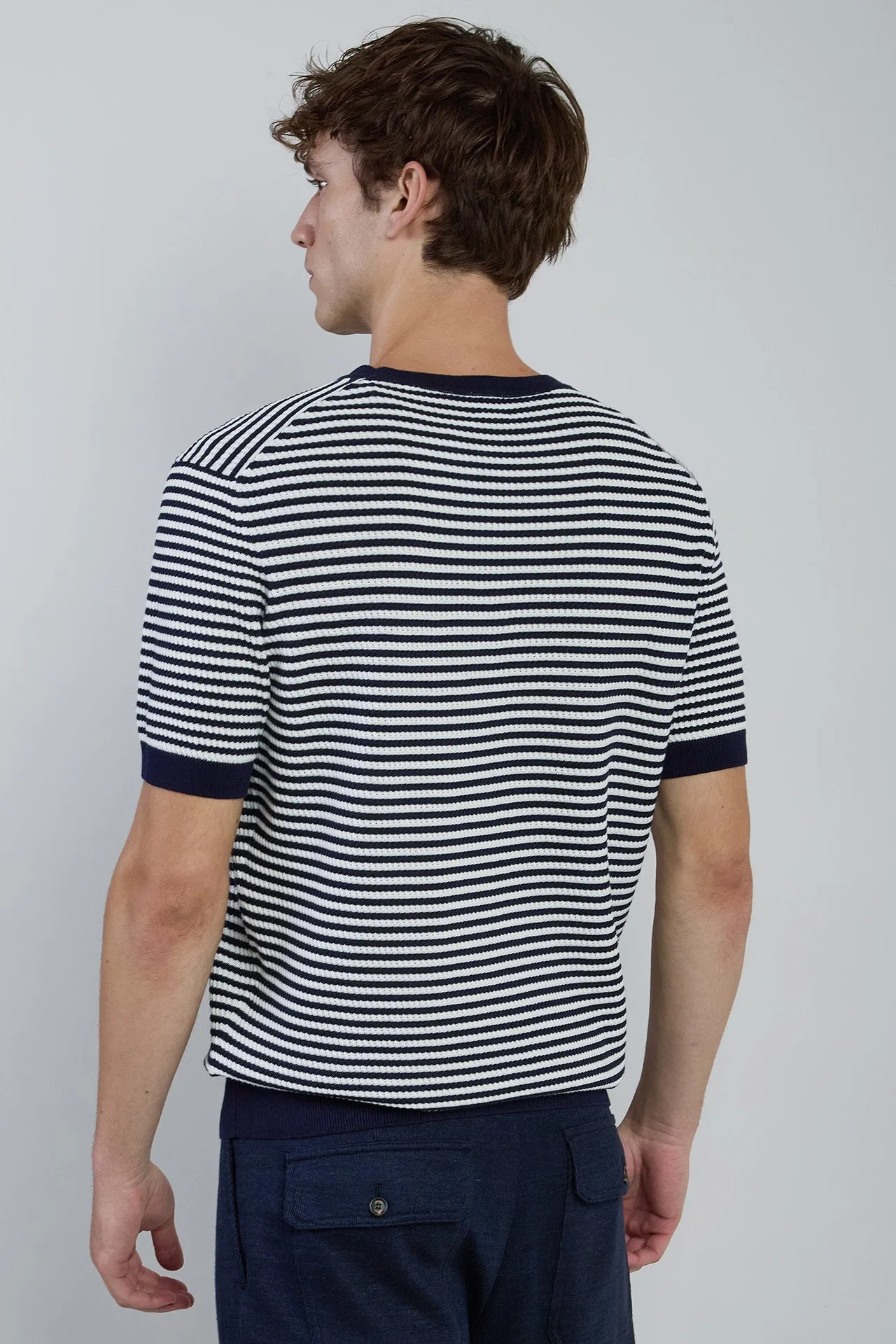 Men's Striped Crew Neck Sweater in Cool Cotton | Eleventy sold by Eleventy product image thumbnail 3