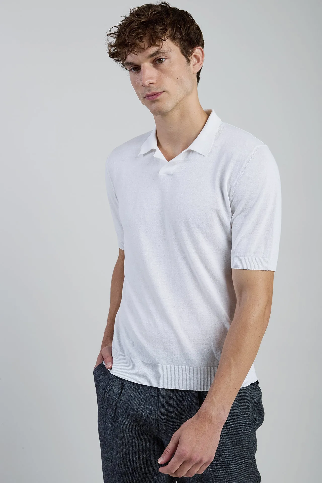 Linen and Cotton Knitted Polo Shirt - Bowling Collar | Eleventy sold by Eleventy product image thumbnail 2