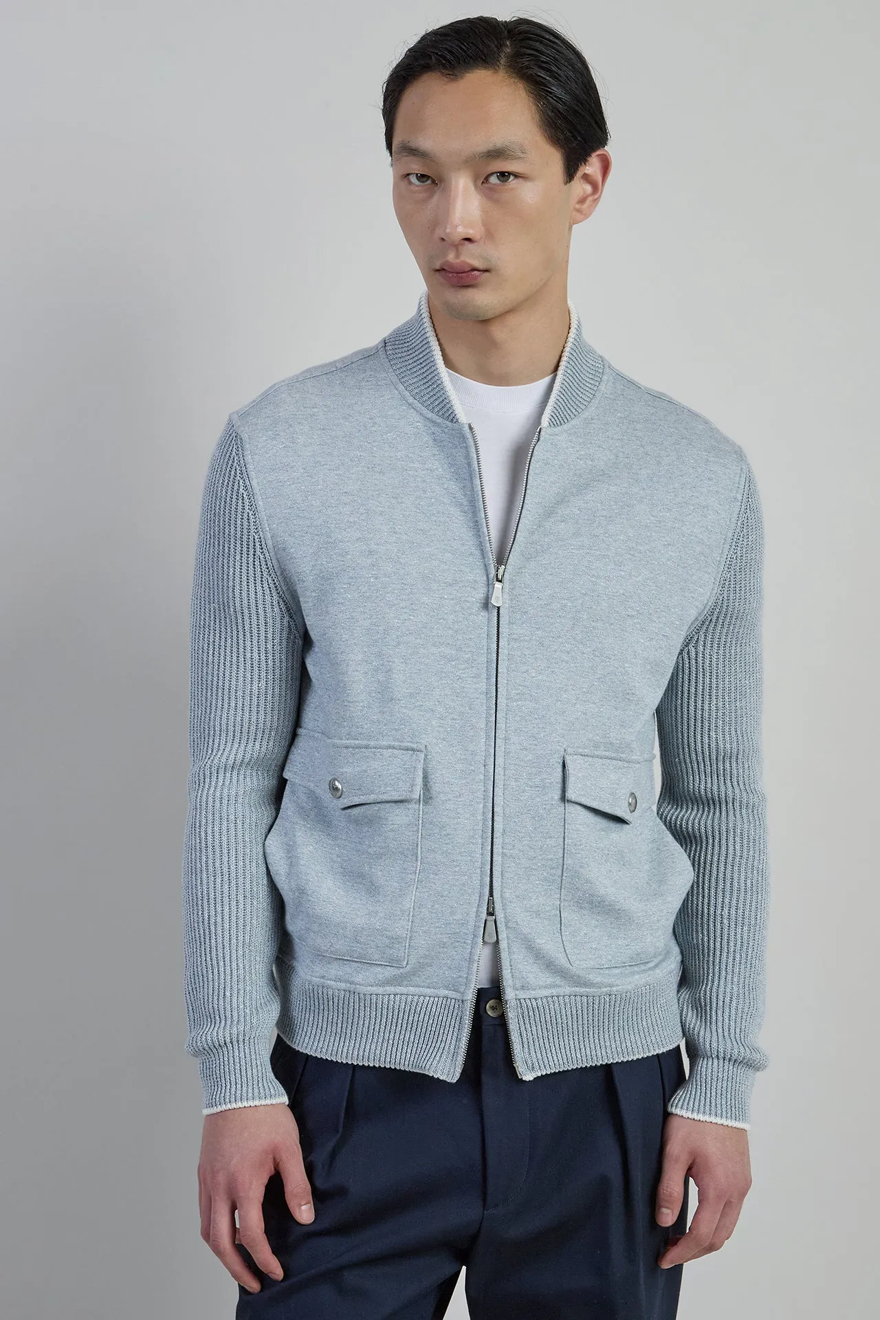 Men's Dual-Material Cotton and Linen Bomber Jacket | Eleventy sold by Eleventy product image thumbnail 2