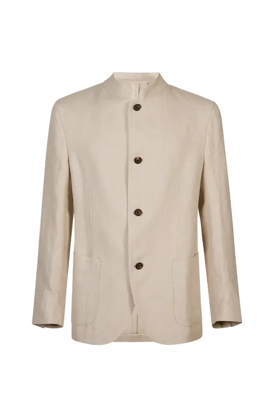 Slim Fit Single-Breasted Linen Jacket with Stand Collar | Eleventy made by Eleventy