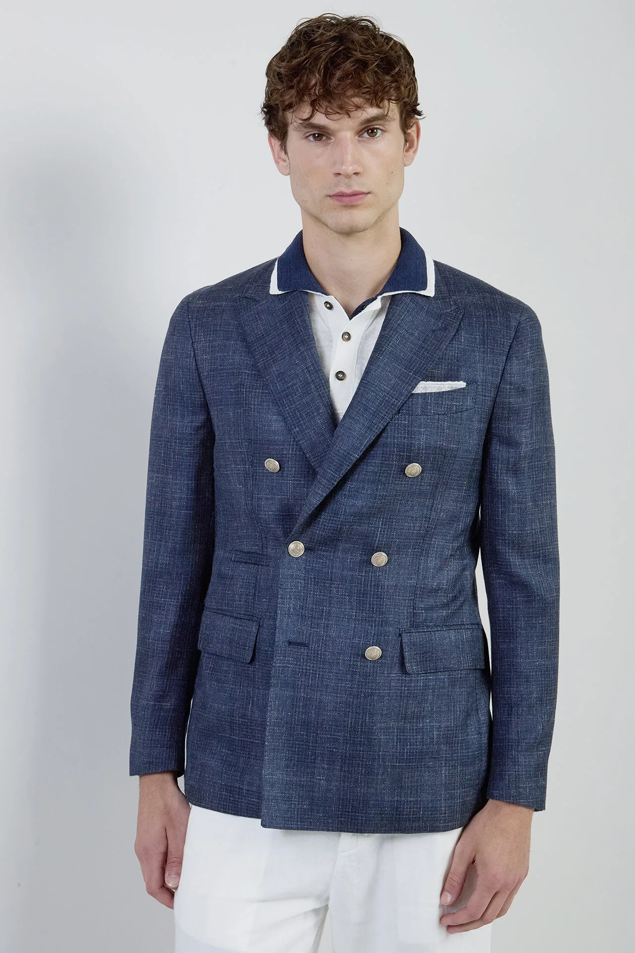 Double-Breasted Prince of Wales Cashmere Silk Jacket | Eleventy sold by Eleventy product image thumbnail 2