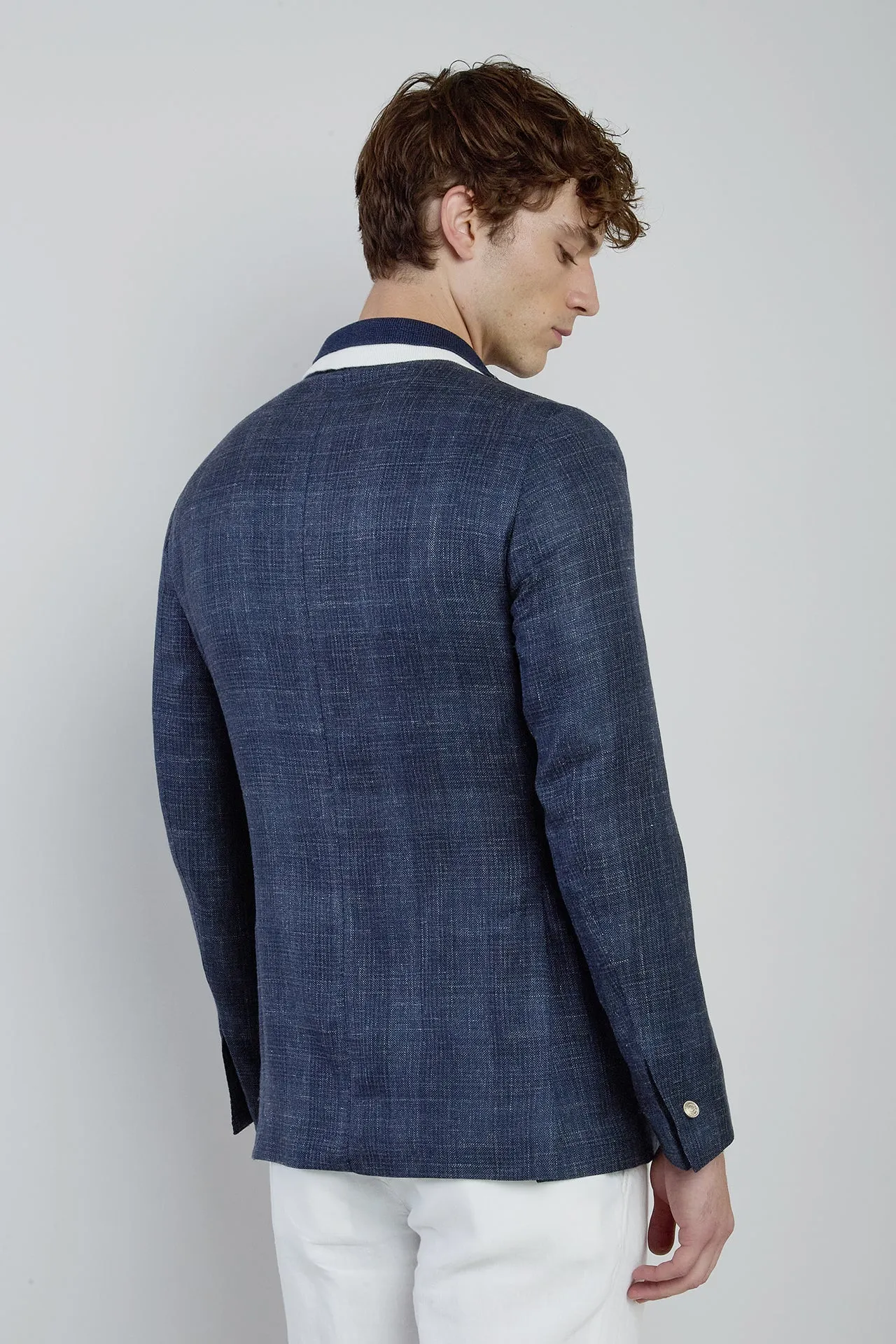 Double-Breasted Prince of Wales Cashmere Silk Jacket | Eleventy sold by Eleventy product image thumbnail 3