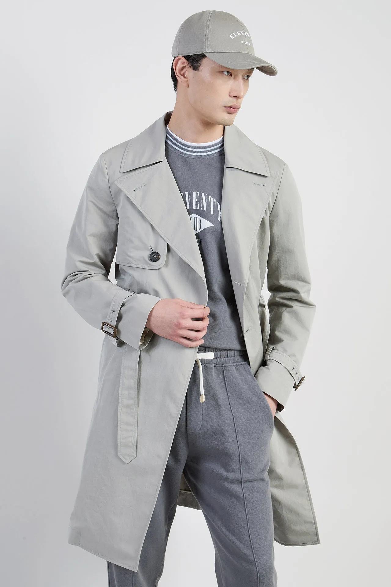Double-Breasted Cotton and Silk Trench Coat with Belt | Eleventy sold by Eleventy product image thumbnail 2