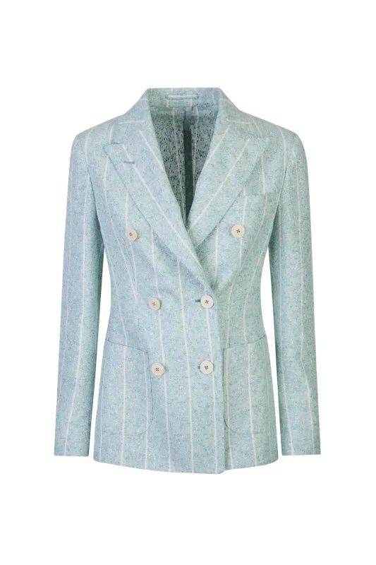 Double-Breasted Pinstriped Linen Jacket with Patch Pockets | Eleventy made by Eleventy