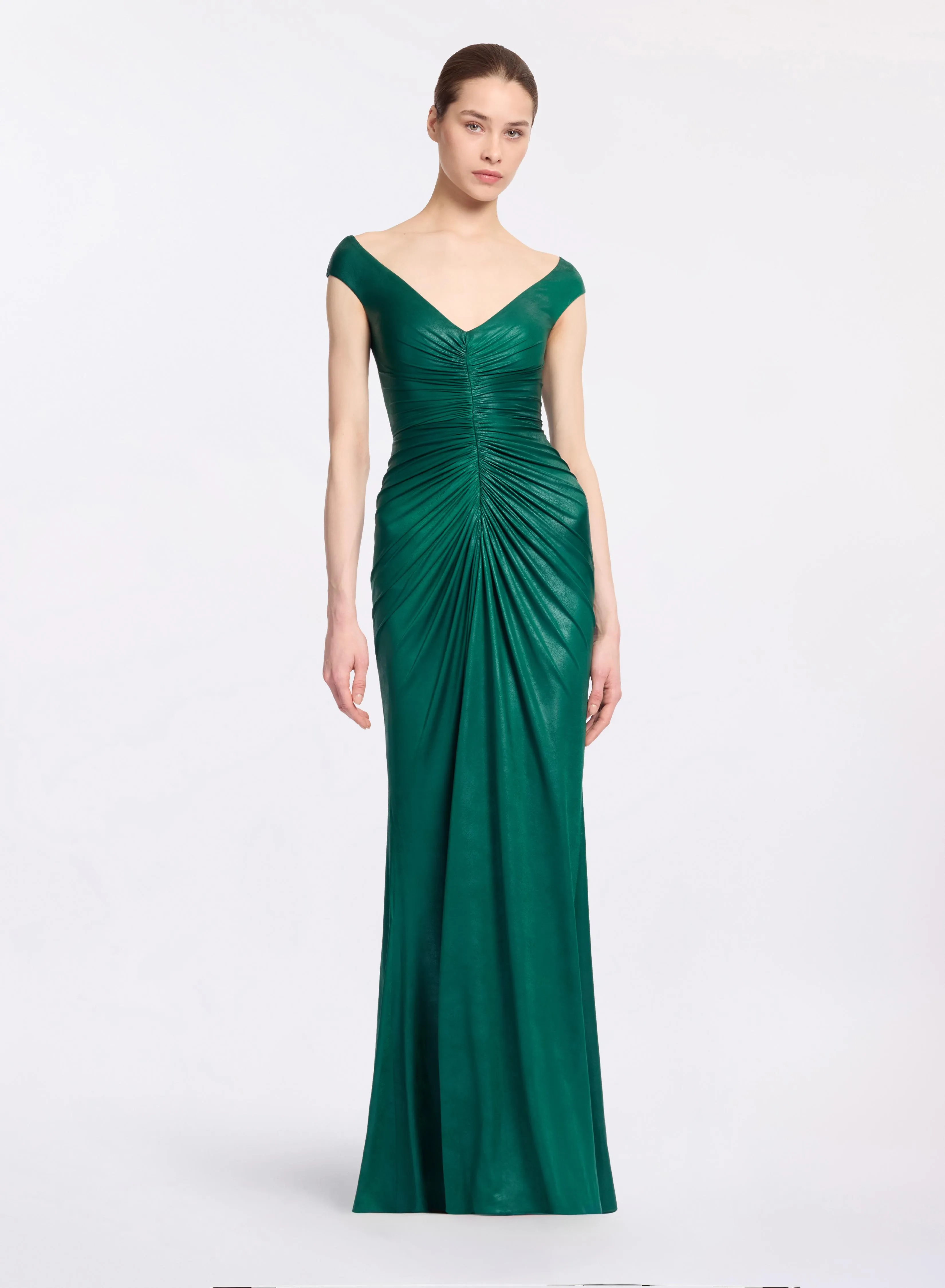 Off-The-Shoulder Jersey Leatherette Long Dress sold by Elie Saab