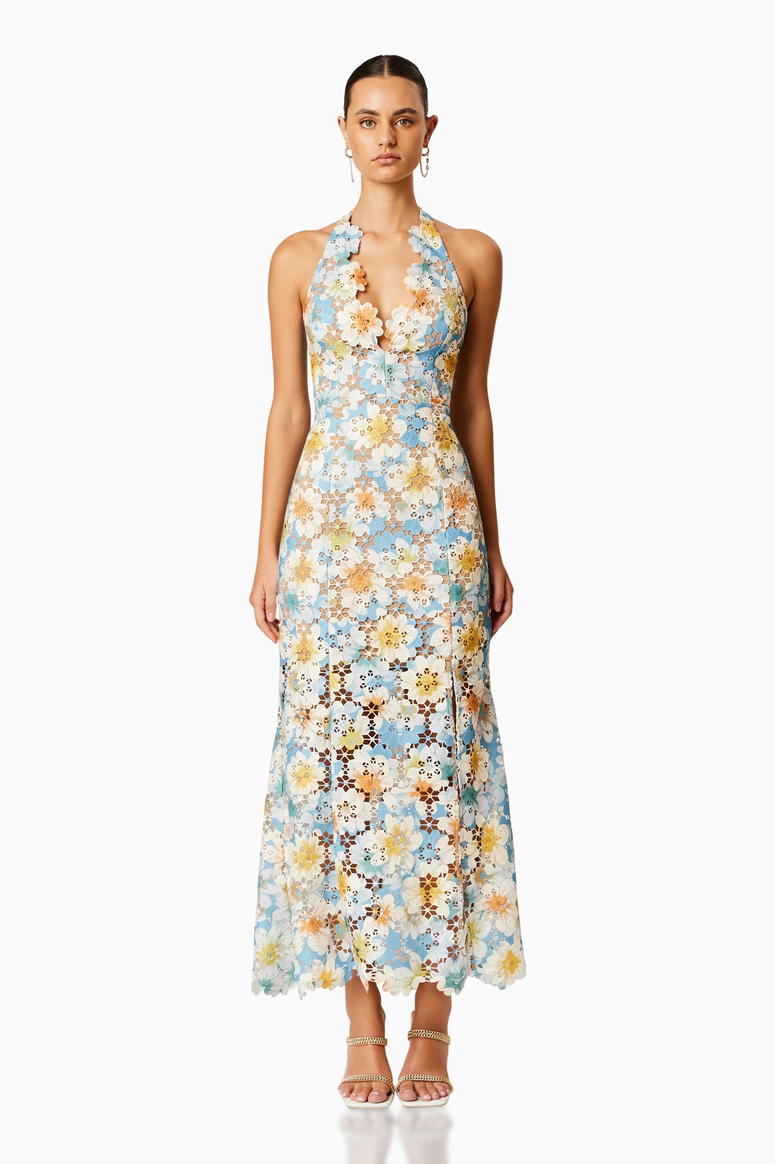 Nesting Lace Maxi Dress In Blue Florals sold by Elliatt