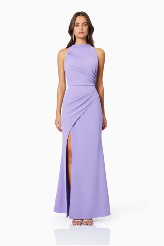 Jade High Neckline Fitted Maxi Dress In Purple sold by Elliatt
