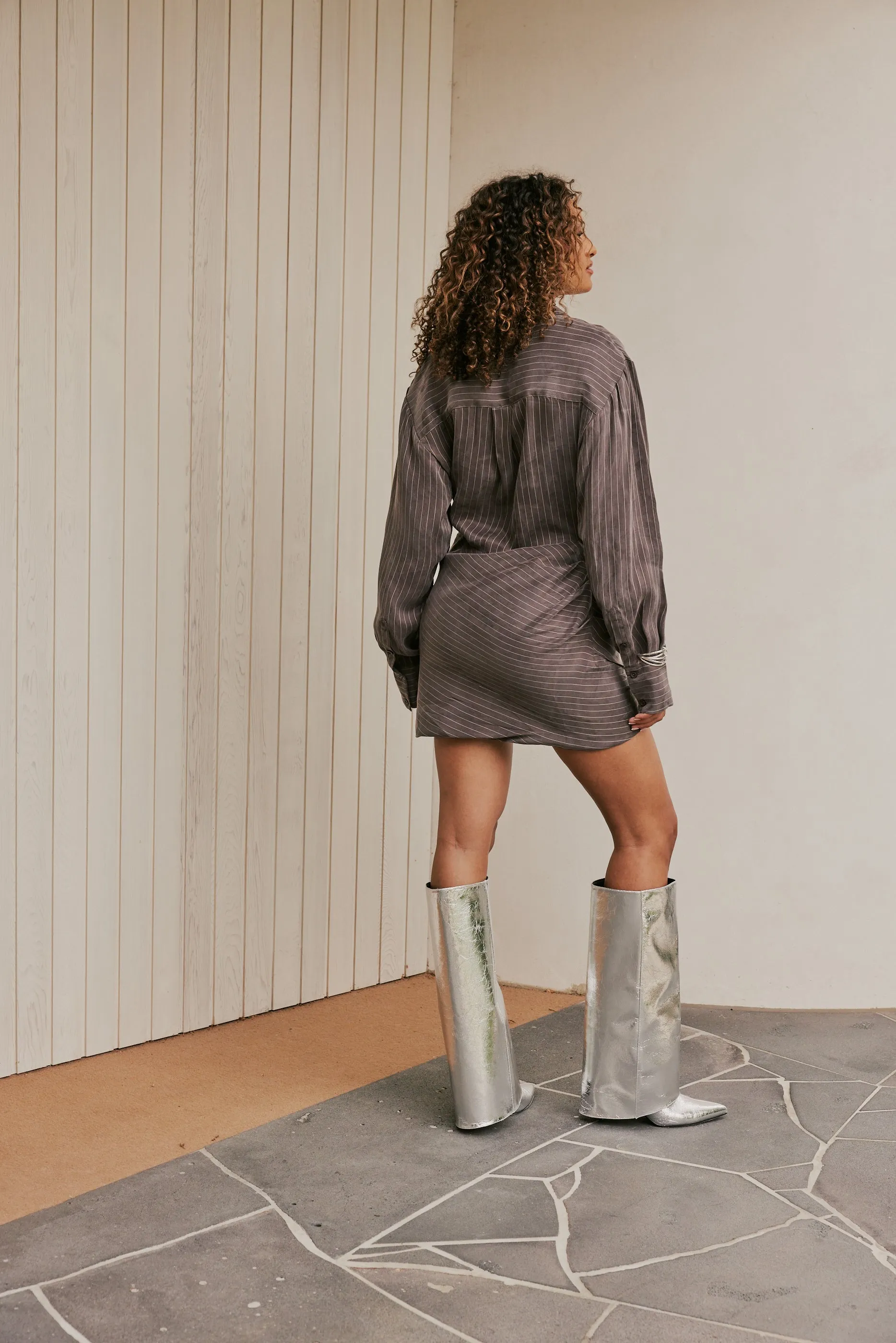 CURAAE Grace Mini Pinstripe Drape Button Down Shirt Dress In Grey sold by Elliatt product image thumbnail 4
