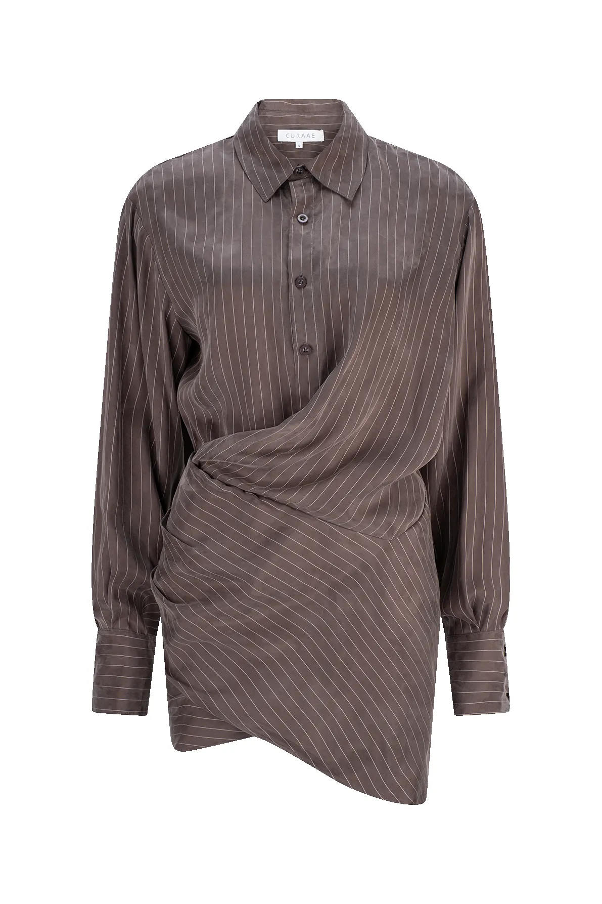 CURAAE Grace Mini Pinstripe Drape Button Down Shirt Dress In Grey sold by Elliatt