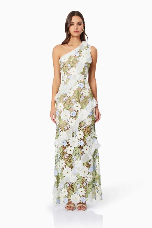 Flora One Shoulder Lace Maxi Dress in Green sold by Elliatt