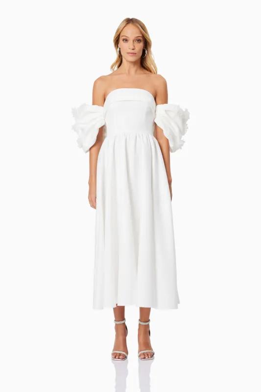 Destiny Off Shoulder Midi Dress in White sold by Elliatt
