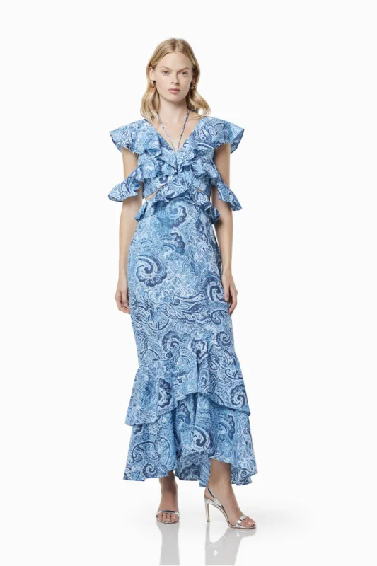Snow Printed Linen Maxi Gown In Blue made by Elliatt