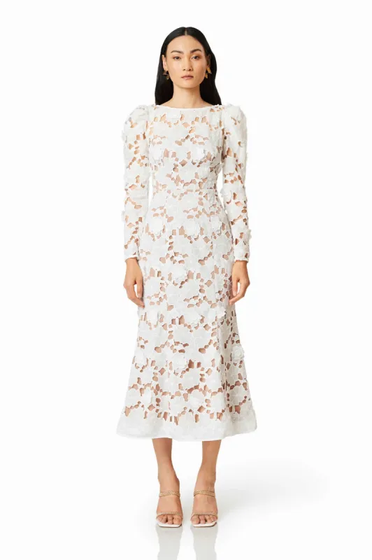 Calm Floral Lace Midi Dress In White sold by Elliatt