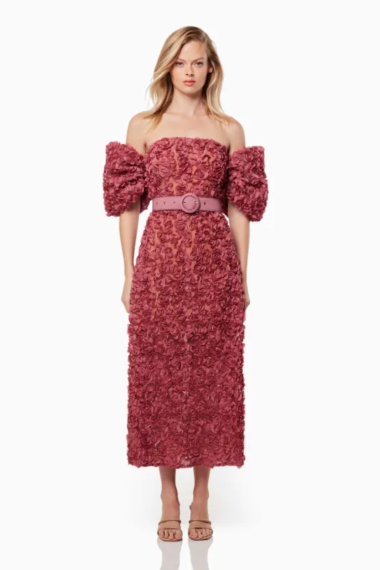 Intimacy Off The Shoulder Midi Dress In Pink sold by Elliatt