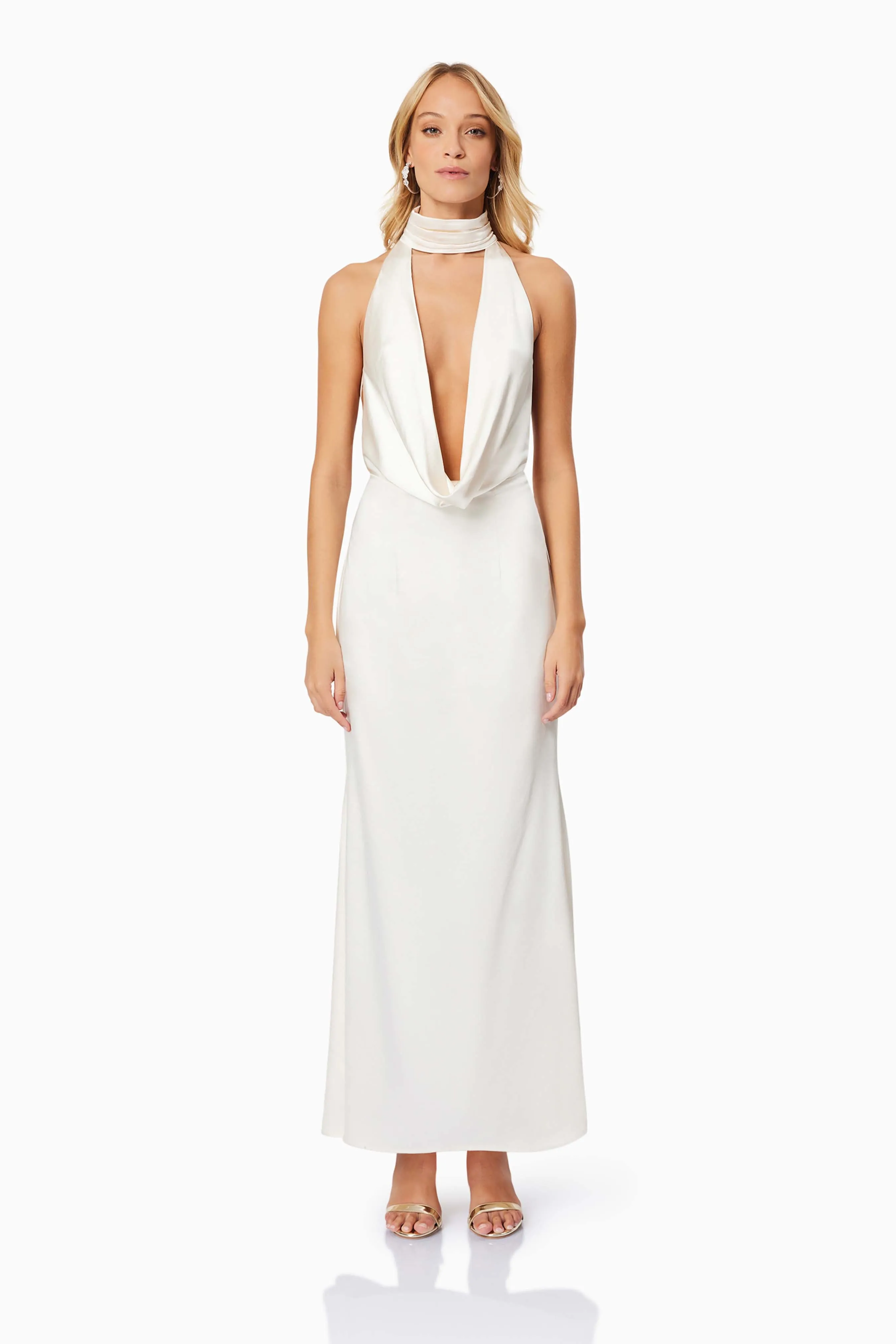 Faith Deep Neckline Maxi Dress In White sold by Elliatt