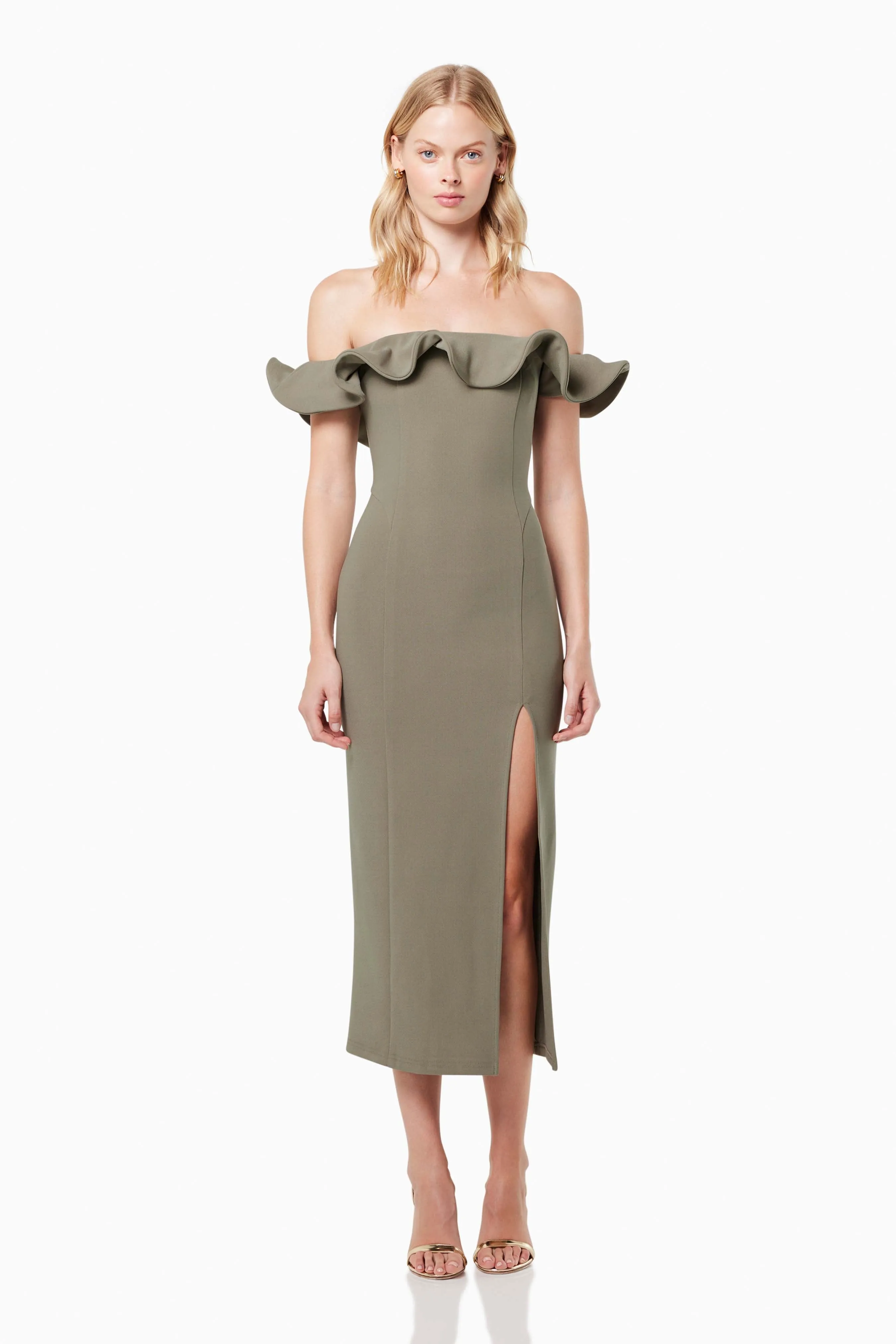 Dancehall Midi Off The Shoulder Midi Dress In Green sold by Elliatt