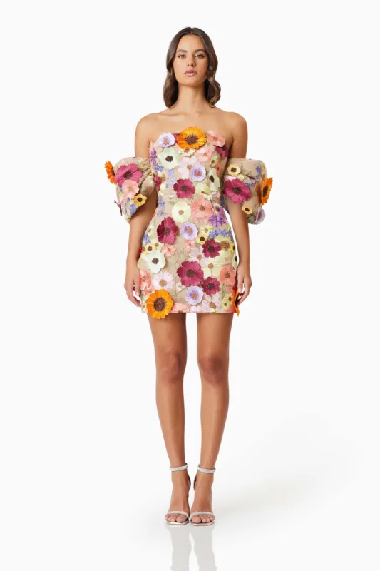 Perry Floral Embellished Mini Dress in Pink sold by Elliatt