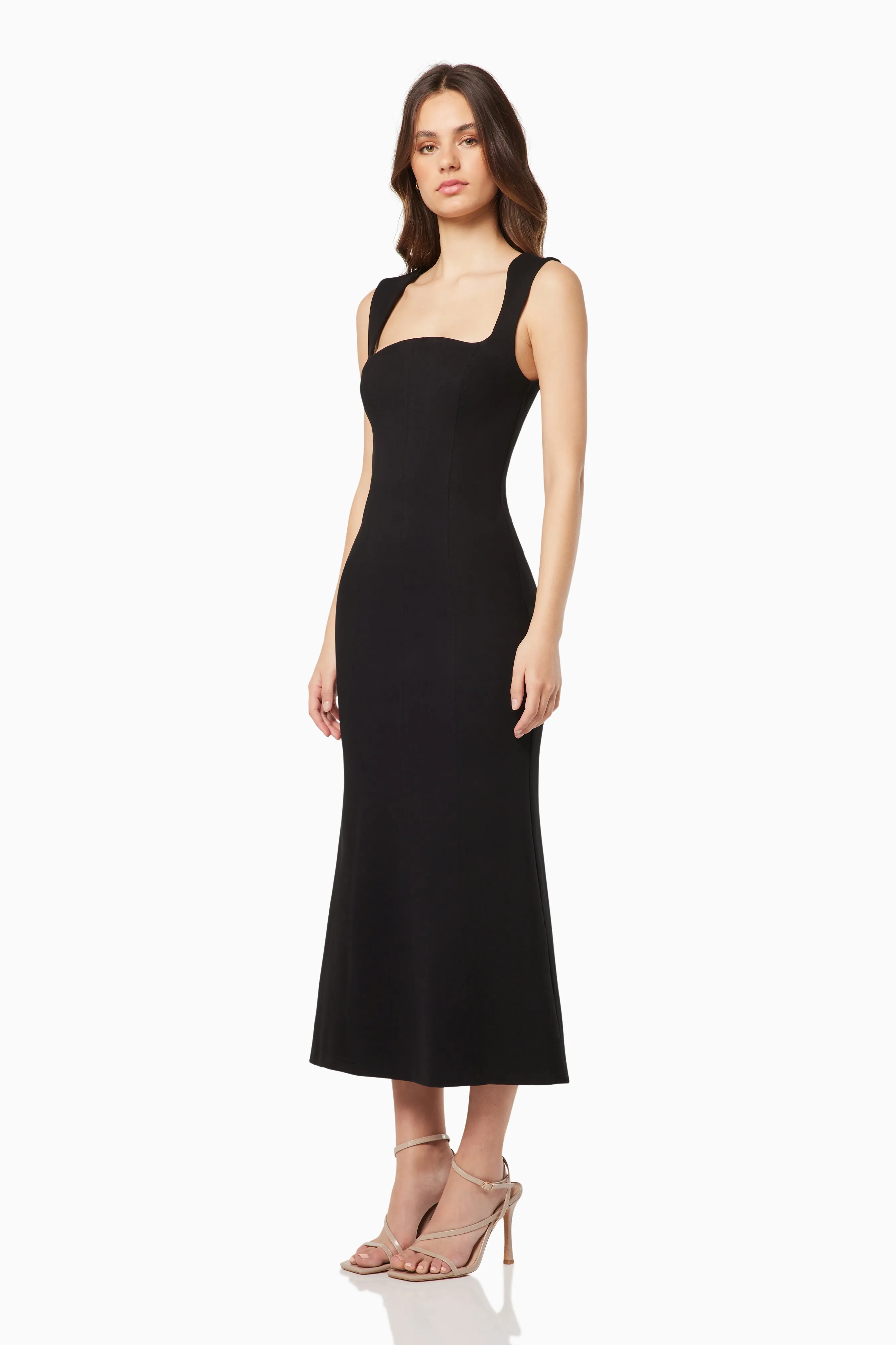 Perri Sculpted Square Neck Midi Dress in Black sold by Elliatt