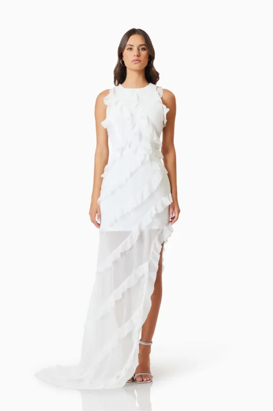 Celeana Textured Sheer Maxi Dress in White sold by Elliatt