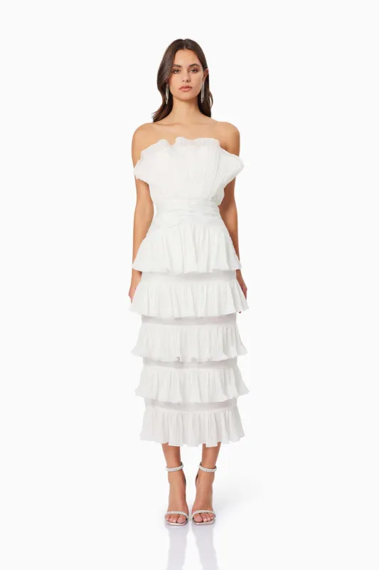 Maya Pleated Midi Dress in White sold by Elliatt