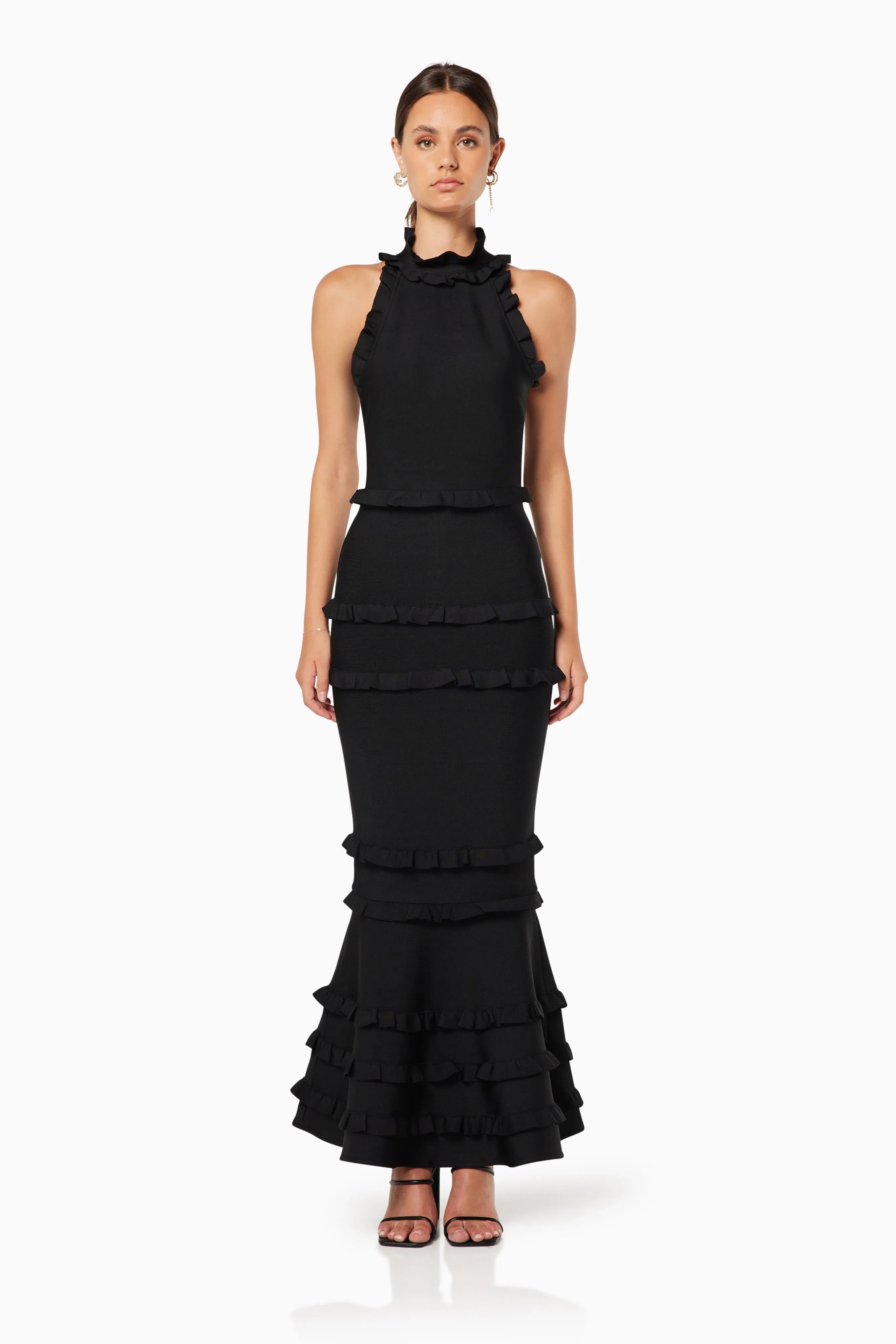 Theatrical Fitted Maxi Gown In Black sold by Elliatt