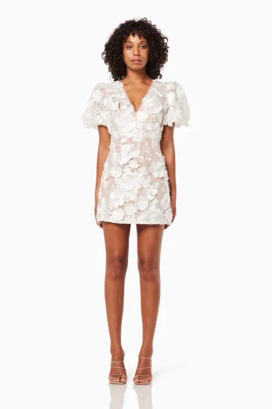 Zayla 3D Floral Mini Dress in White sold by Elliatt