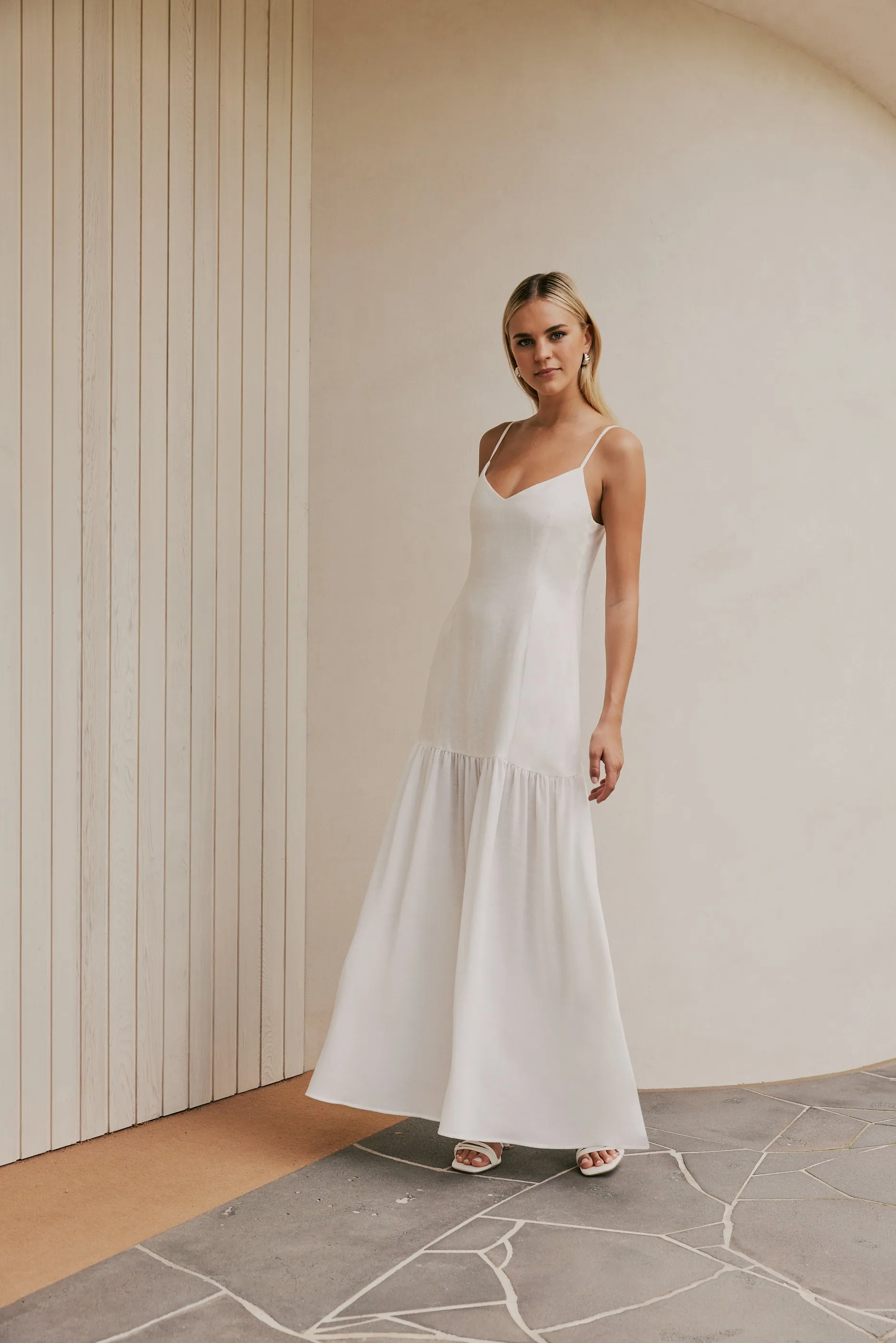 CURAAE Palm Drop Waist Frill Summer Maxi Dress In White sold by Elliatt product image thumbnail 3