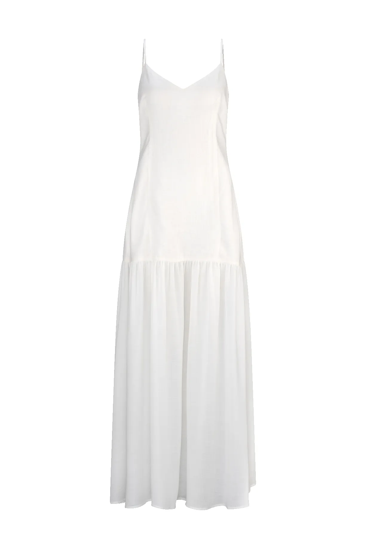 CURAAE Palm Drop Waist Frill Summer Maxi Dress In White sold by Elliatt