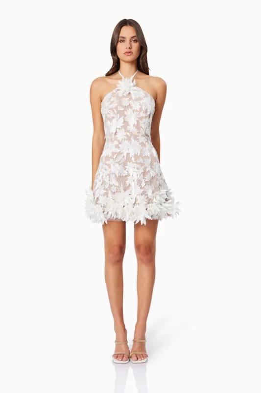 Valentina 3D Floral Mini Dress in White sold by Elliatt
