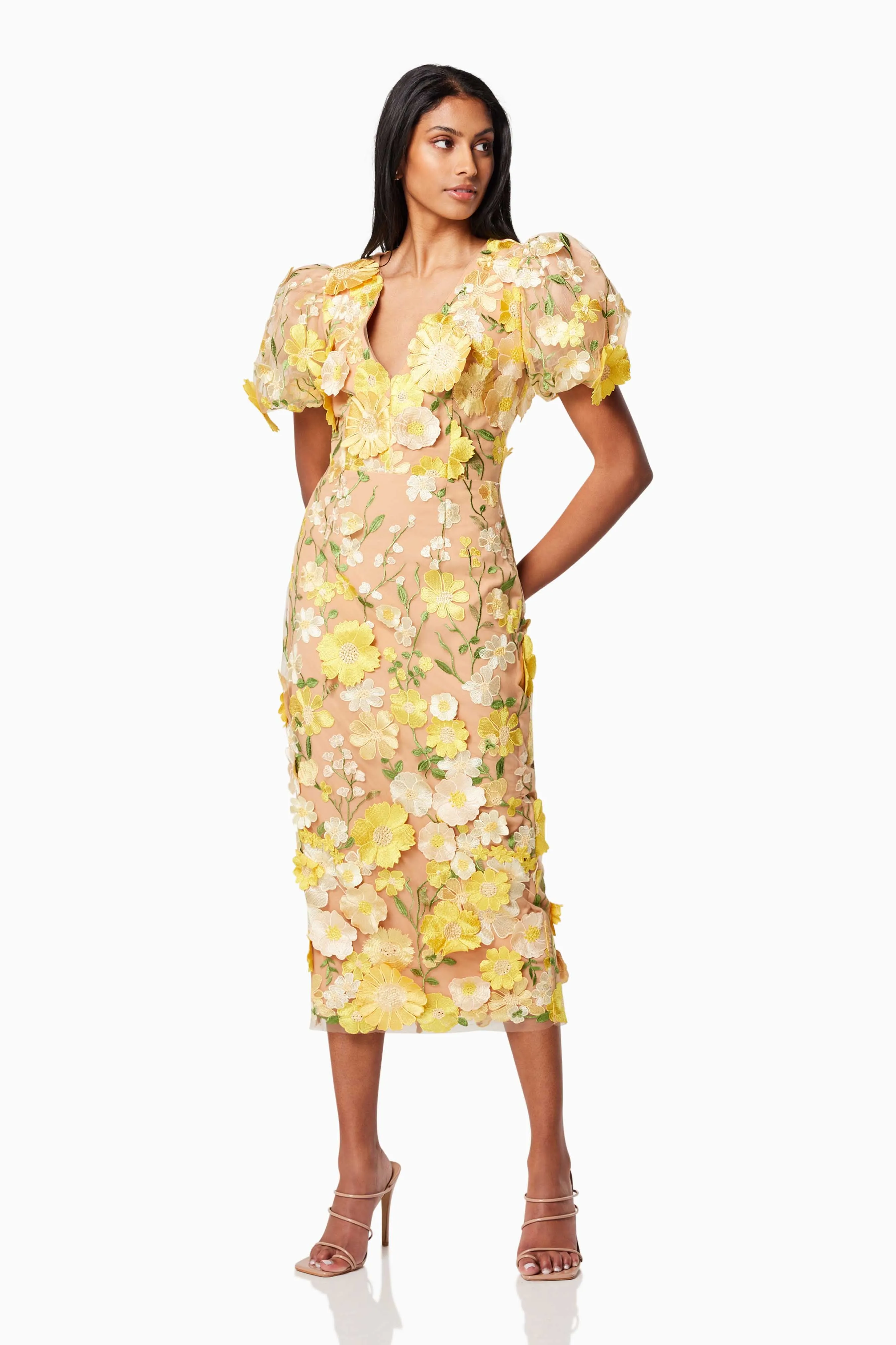 Indie 3D Floral Midi Dress In Yellow sold by Elliatt