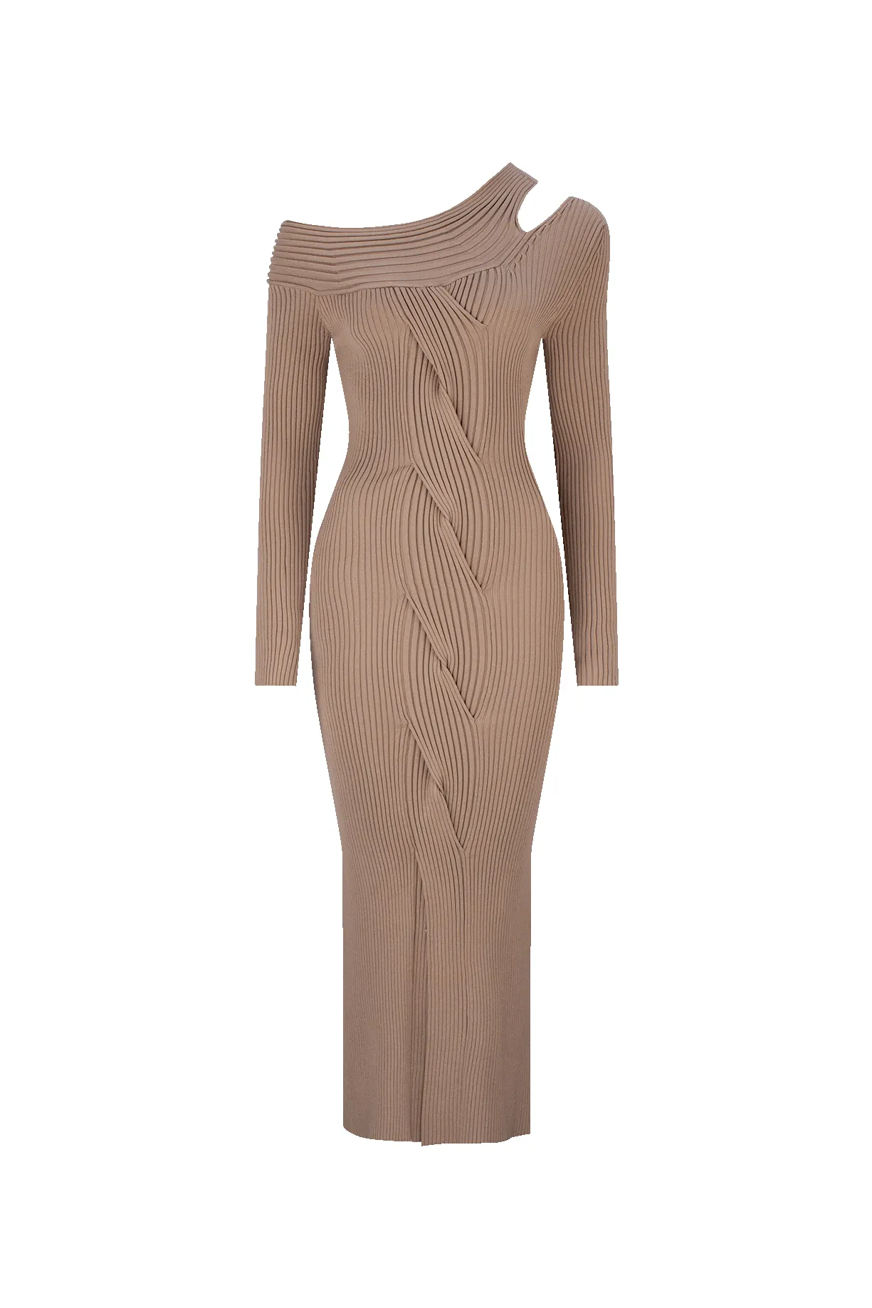 CURAAE Amara One Shoulder Asymmetrical Dress Knit Braided Dress In Tan sold by Elliatt