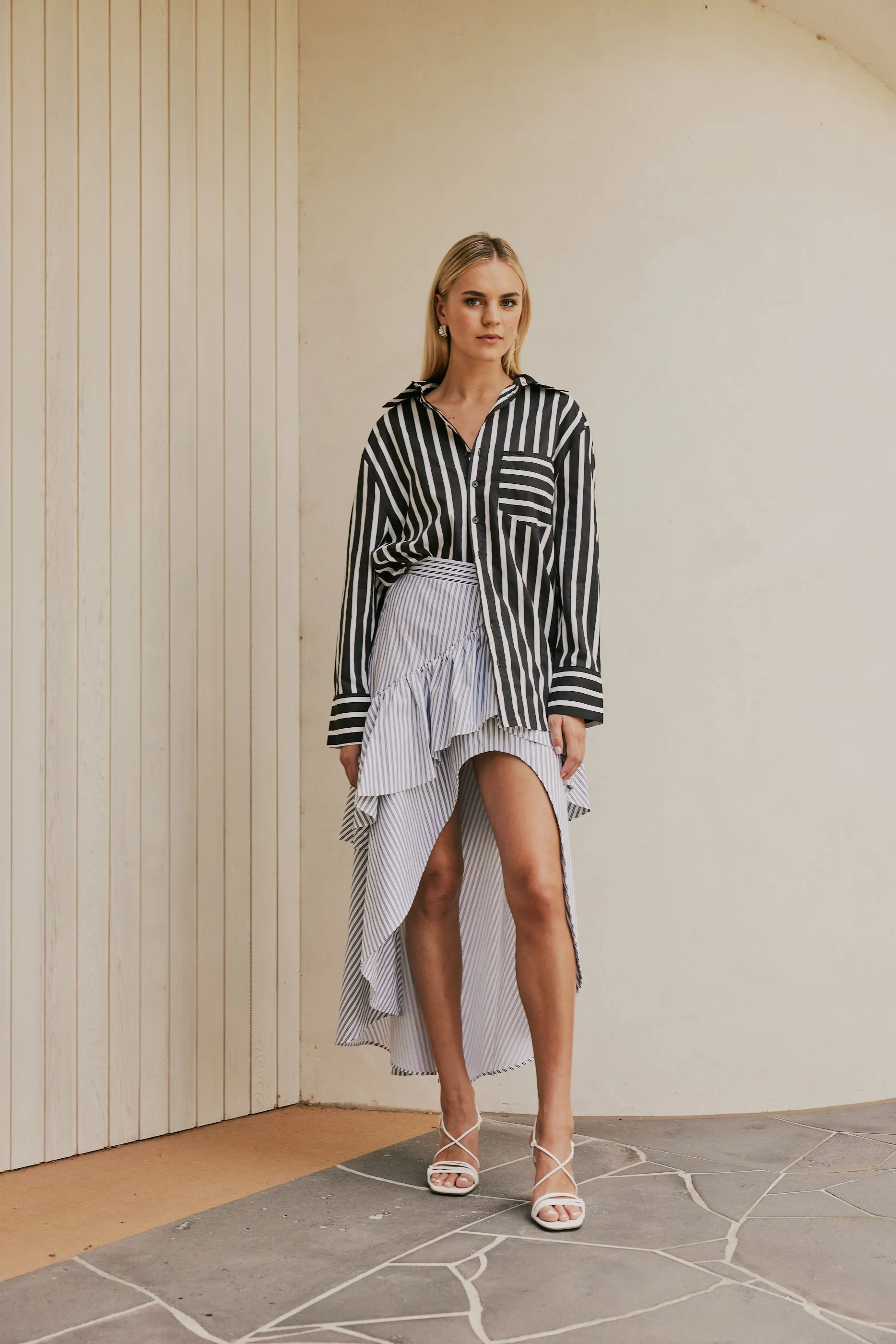 CURAAE Capri Midi Frill Asymmetrical High Waisted Skirt In Purple Stripe sold by Elliatt product image thumbnail 3