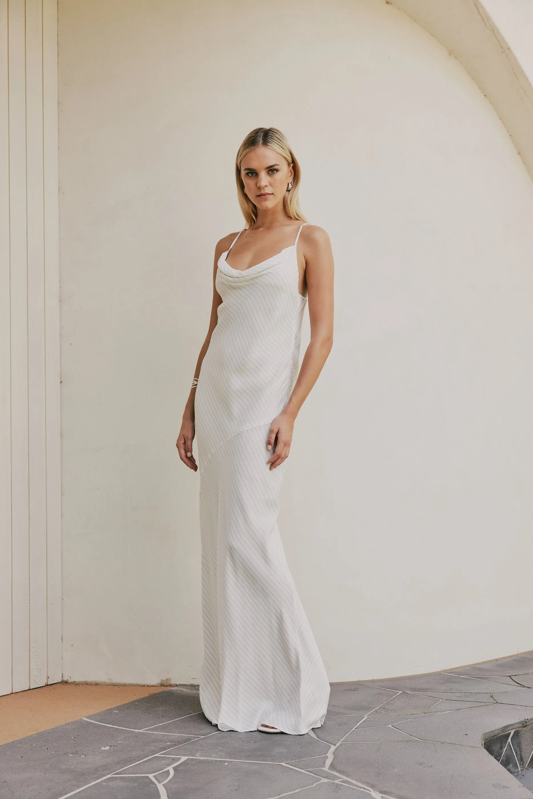 CURAAE Bella Maxi Cowl Neck Pinstripe Slip Dress In White sold by Elliatt product image thumbnail 3