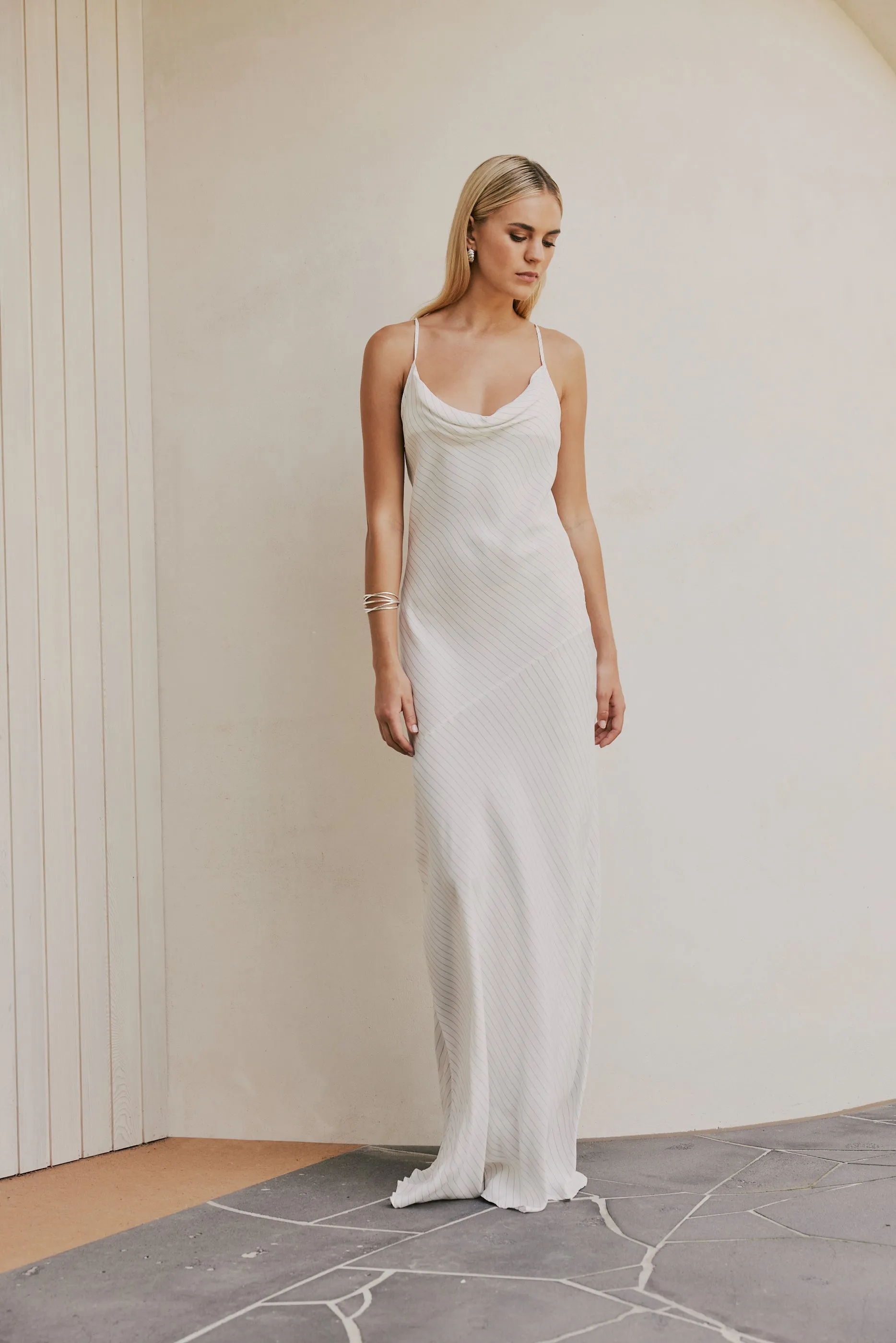 CURAAE Bella Maxi Cowl Neck Pinstripe Slip Dress In White sold by Elliatt product image thumbnail 5
