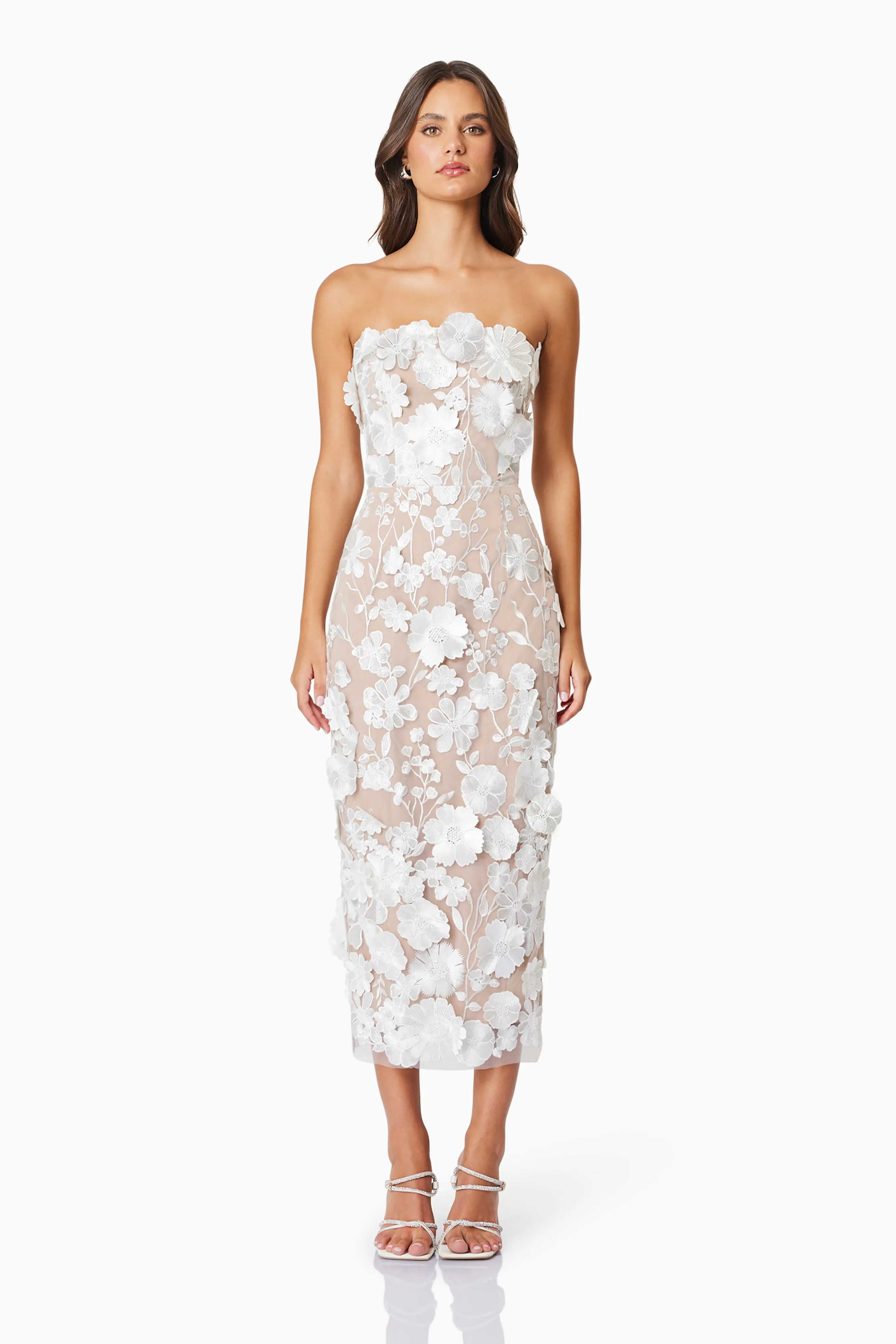 Helena Strapless Midi Dress In White sold by Elliatt