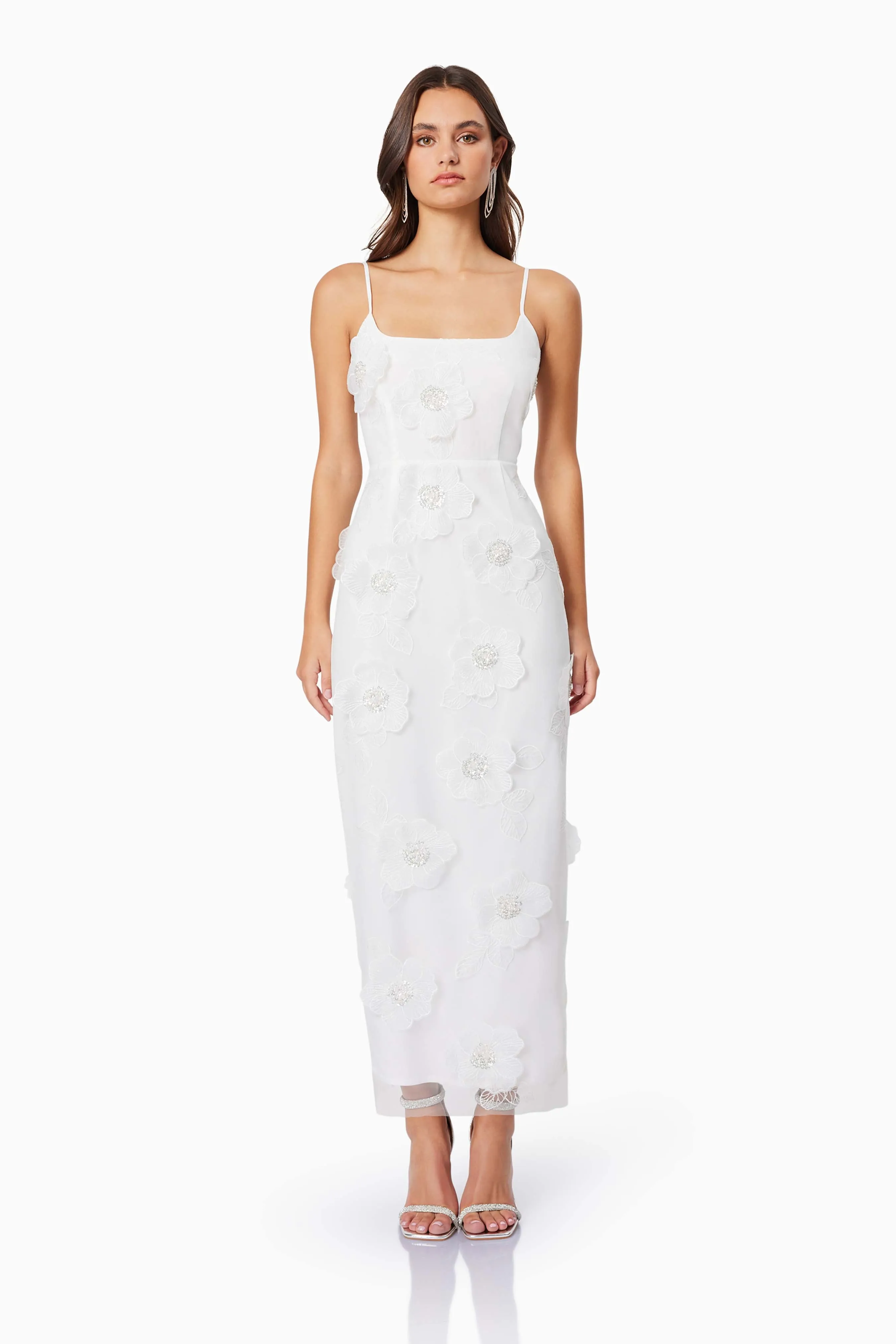 Dahlia 3D Floral Midi Dress In White sold by Elliatt