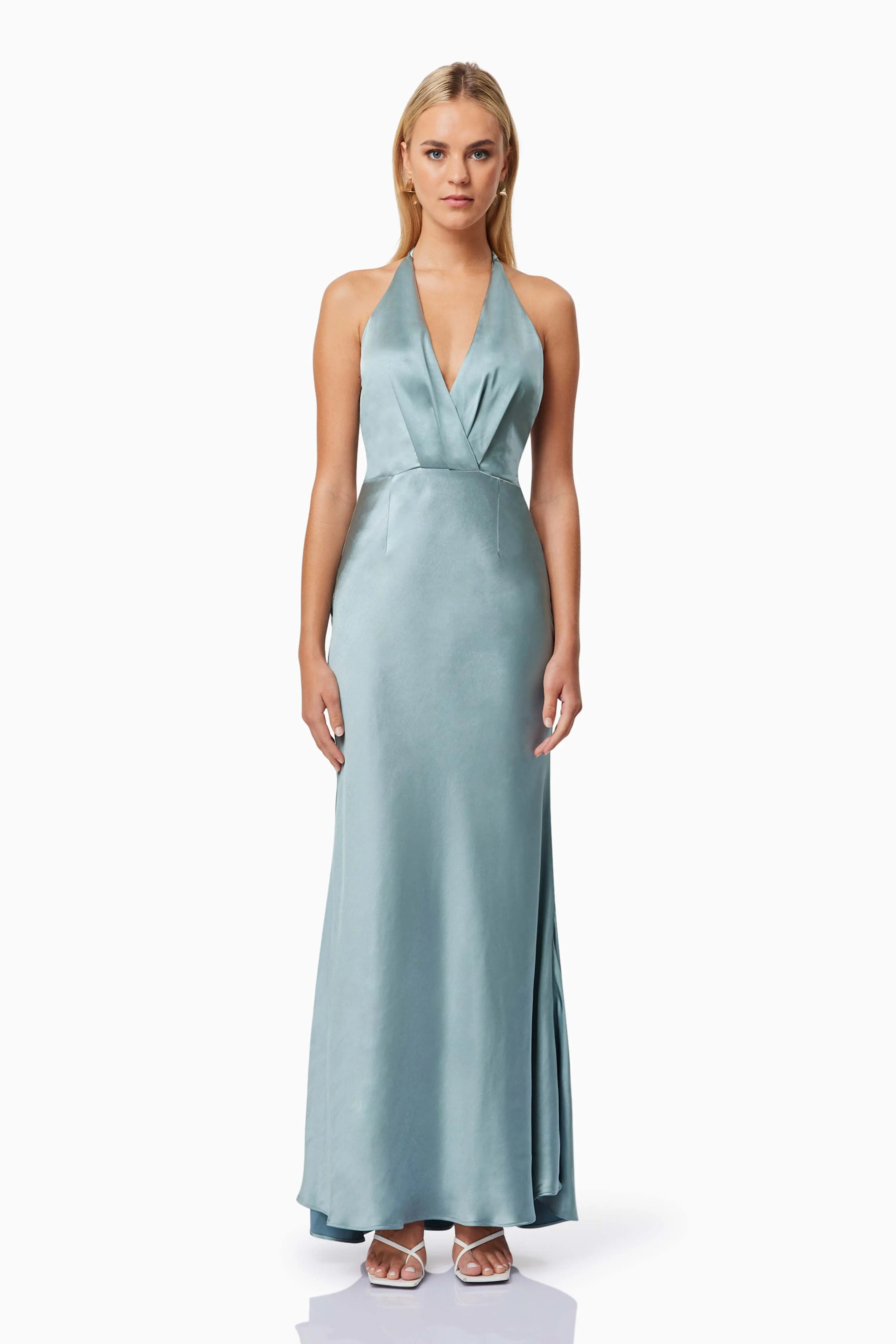 Aria Backless Satin Maxi Dress In Blue sold by Elliatt
